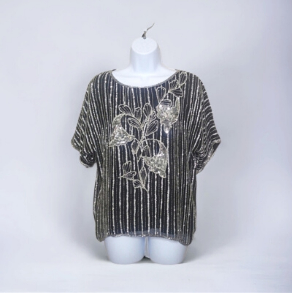 Scala Vintage Beaded Sequin Floral Silk Top